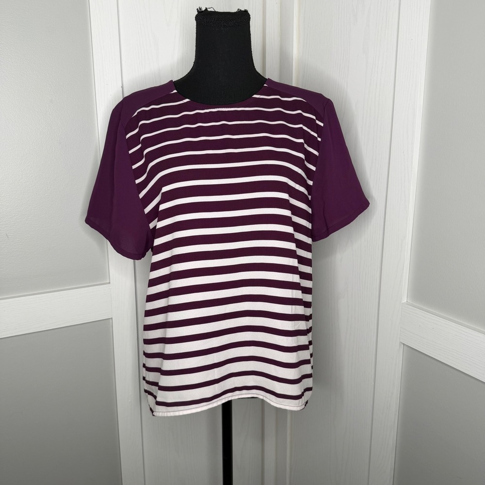 Calvin Klein Blouse Womens Medium Purple Striped Keyhole Back Short Sleeve Top